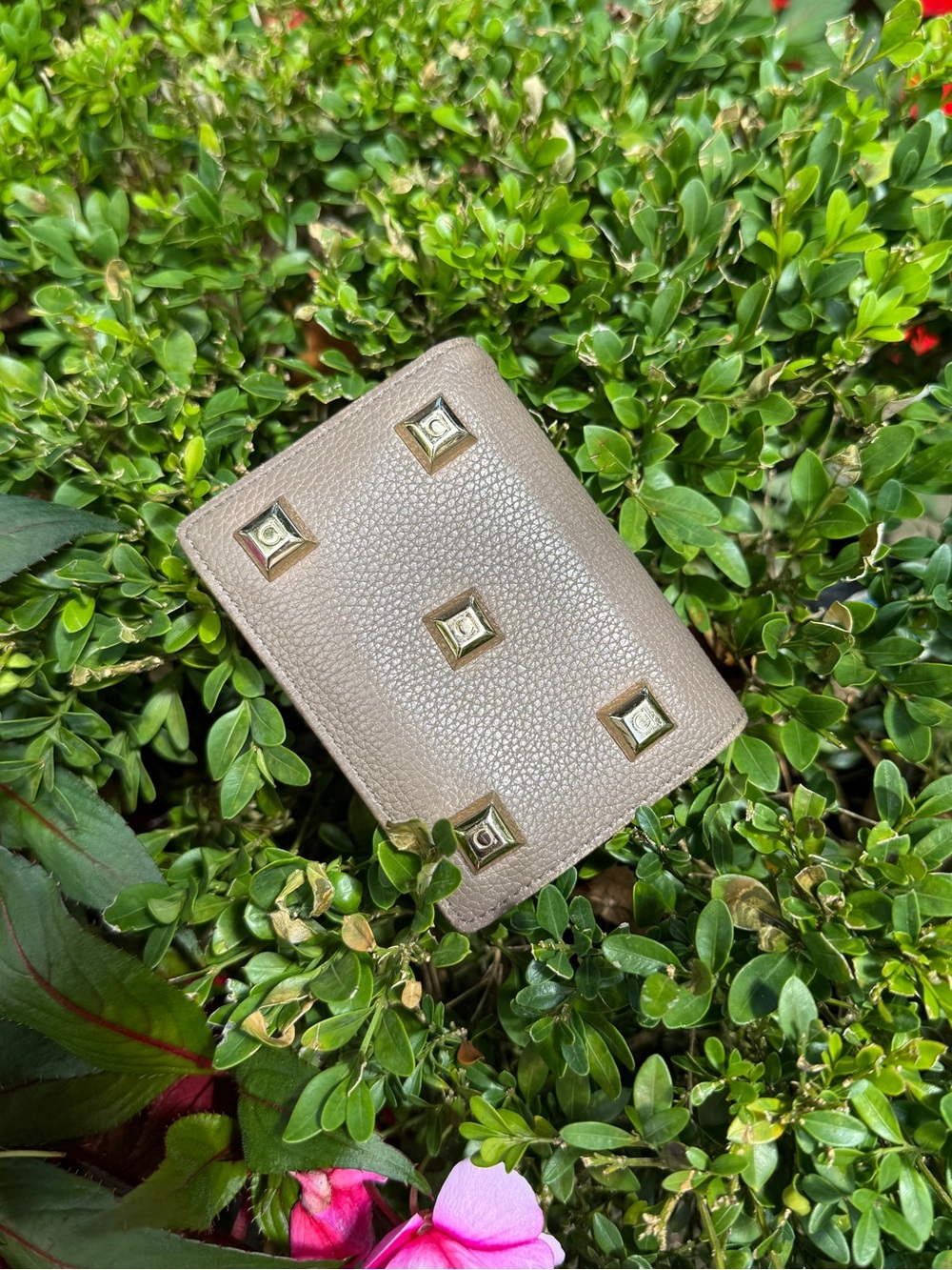 Ferragamo Metallic Gold Leather Gancini Stud Wallet